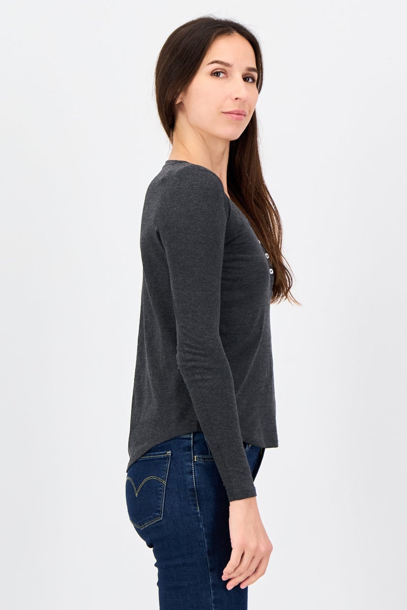 UNDIZ Women Round Neck Long Sleeve Plain Blouse, Charcoal - Image 3