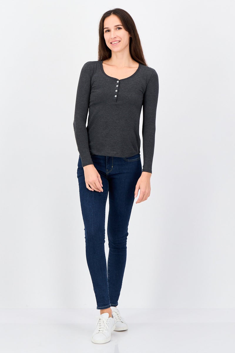 UNDIZ Women Round Neck Long Sleeve Plain Blouse, Charcoal - Image 4