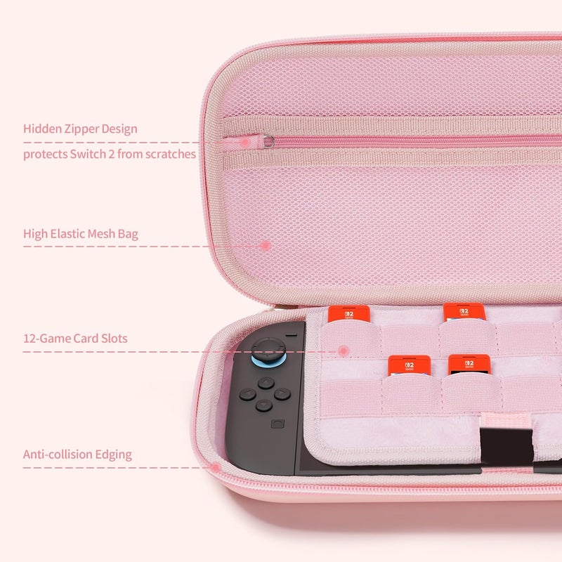 GeekShare حقيبة حمل GeekShare متوافقة مع جهاز Switch 2 (2025) بحجم 7.9 بوصة، ذات هيكل صلب ونحيف، مزودة بـ 12 فتحة لبطاقات الألعاب لجهاز Switch 2 وملحقاته، مع تصميم أذن قطة لطيفة (لون وردي). - Image 2