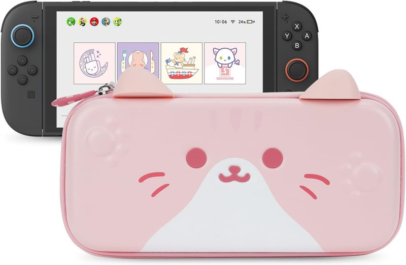 GeekShare حقيبة حمل GeekShare متوافقة مع جهاز Switch 2 (2025) بحجم 7.9 بوصة، ذات هيكل صلب ونحيف، مزودة بـ 12 فتحة لبطاقات الألعاب لجهاز Switch 2 وملحقاته، مع تصميم أذن قطة لطيفة (لون وردي). - Image 1