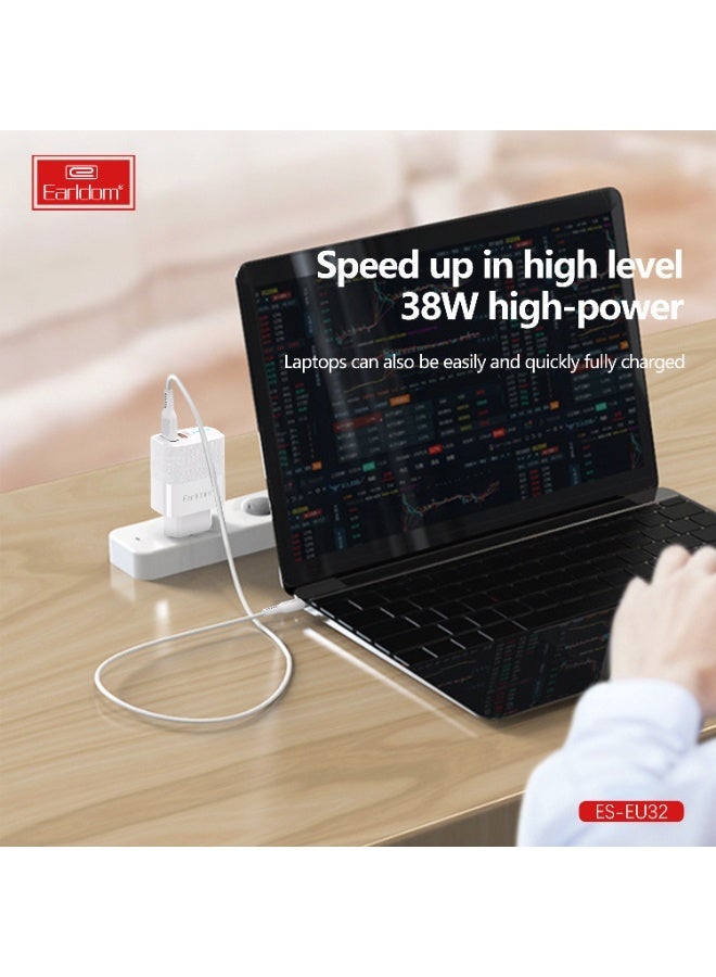 Earldom Portable Wall Charger EU32 38W Dual USB Fast Charger with Type-C to Type-C Cable - Image 4