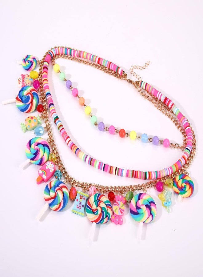 HSWE Candy Layered Necklaces for Women Novelty Colorful Beads Lollipop Sweet Candy Bear Ice Cream Dessert Cake Pendant Choker Necklace for Birthday Halloween Holiday Party Jewelry Gift, adjustable - Image 5