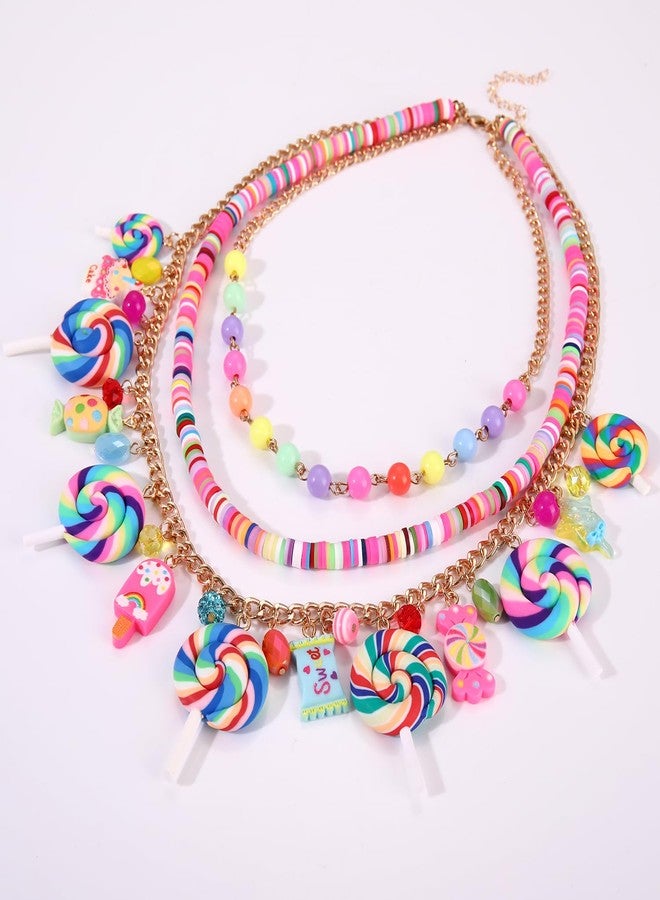 HSWE Candy Layered Necklaces for Women Novelty Colorful Beads Lollipop Sweet Candy Bear Ice Cream Dessert Cake Pendant Choker Necklace for Birthday Halloween Holiday Party Jewelry Gift, adjustable - Image 3