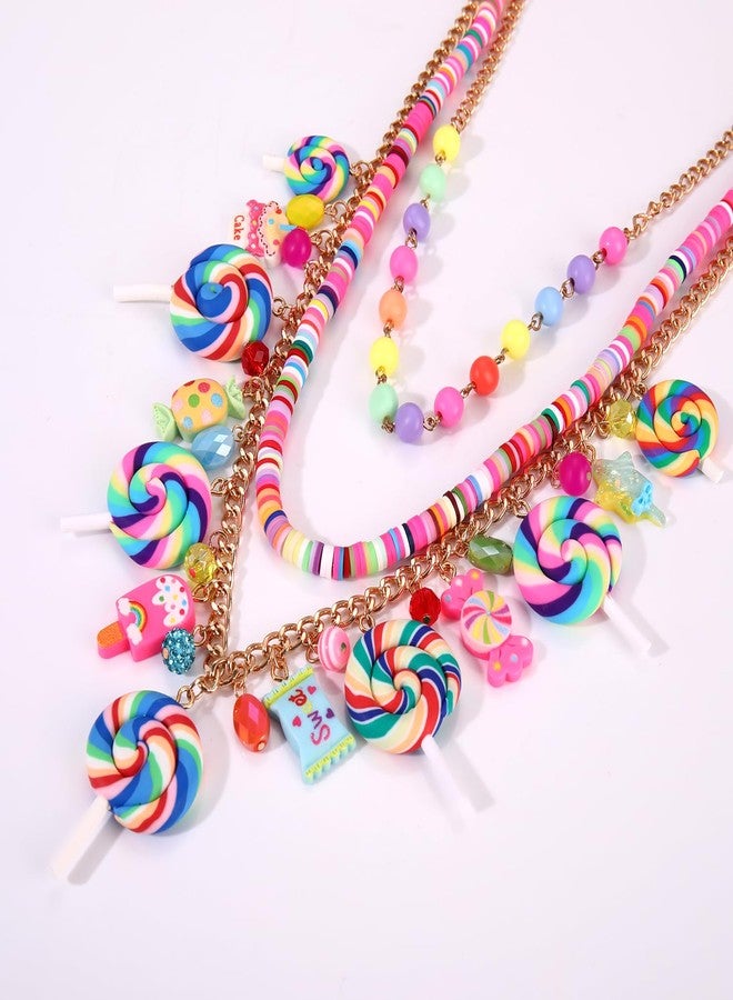 HSWE Candy Layered Necklaces for Women Novelty Colorful Beads Lollipop Sweet Candy Bear Ice Cream Dessert Cake Pendant Choker Necklace for Birthday Halloween Holiday Party Jewelry Gift, adjustable - Image 2