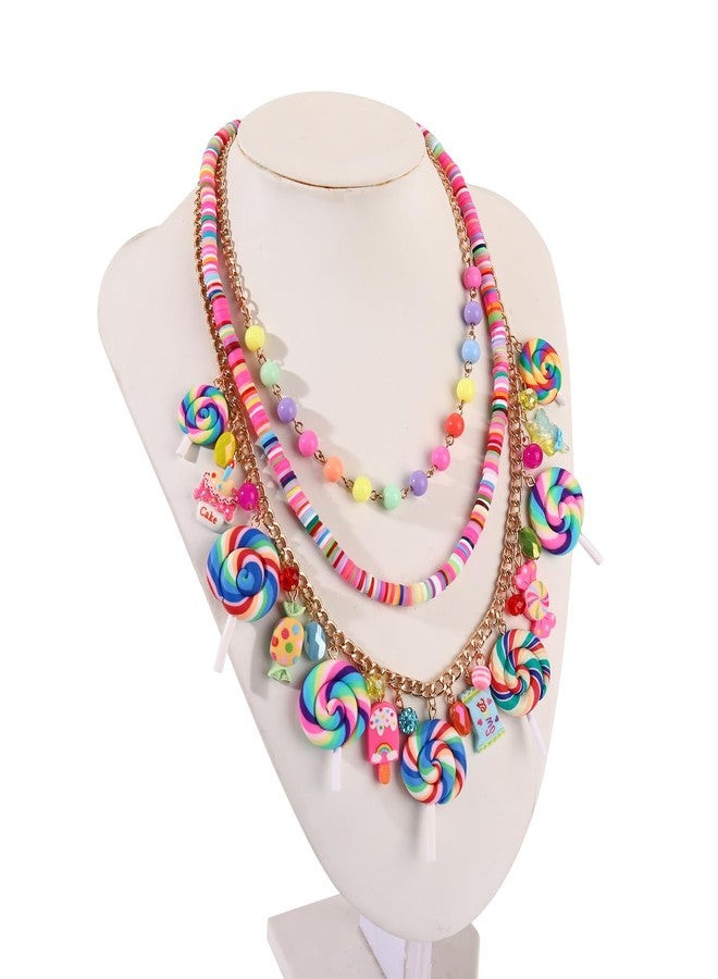 HSWE Candy Layered Necklaces for Women Novelty Colorful Beads Lollipop Sweet Candy Bear Ice Cream Dessert Cake Pendant Choker Necklace for Birthday Halloween Holiday Party Jewelry Gift, adjustable - Image 4