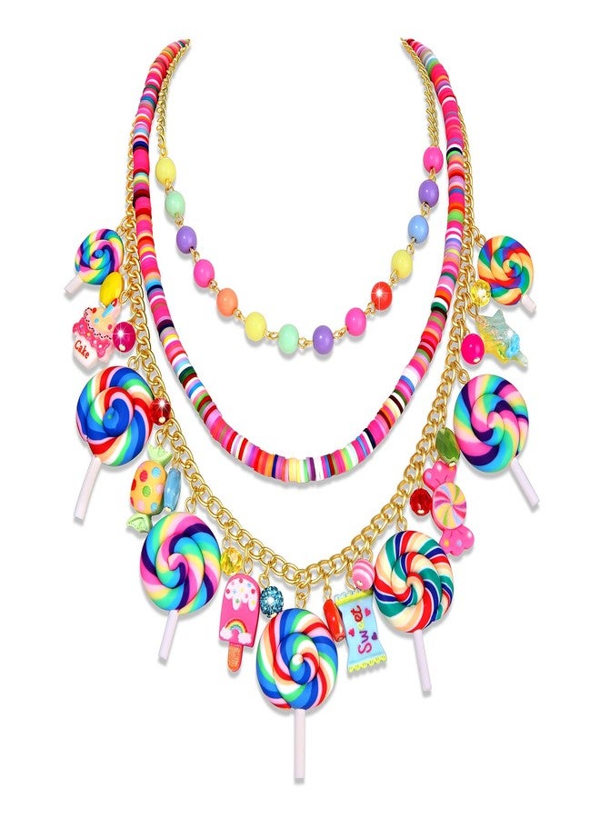 HSWE Candy Layered Necklaces for Women Novelty Colorful Beads Lollipop Sweet Candy Bear Ice Cream Dessert Cake Pendant Choker Necklace for Birthday Halloween Holiday Party Jewelry Gift, adjustable - Image 1