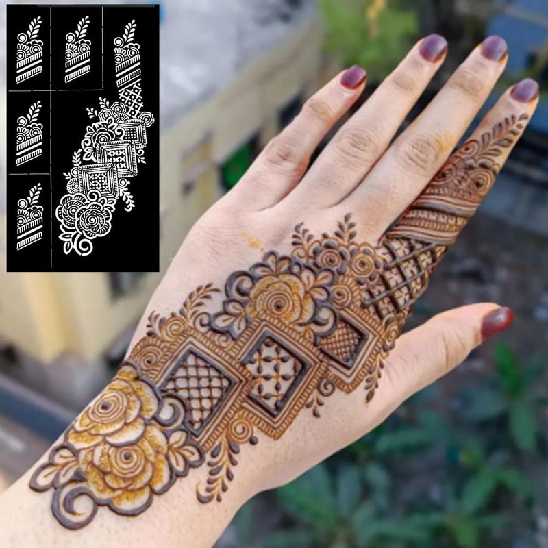 QSTOHENA Reusable Henna Tattoo Stencils Kit, Mehendi Stencils for Hands Forearm Glitter Airbrush DIY Tattooing Template,9 Sheet Indian Temporary Tattoo Stickers for Women Girlsï¼ˆ8.2" x 4.7"ï¼‰ - Image 4