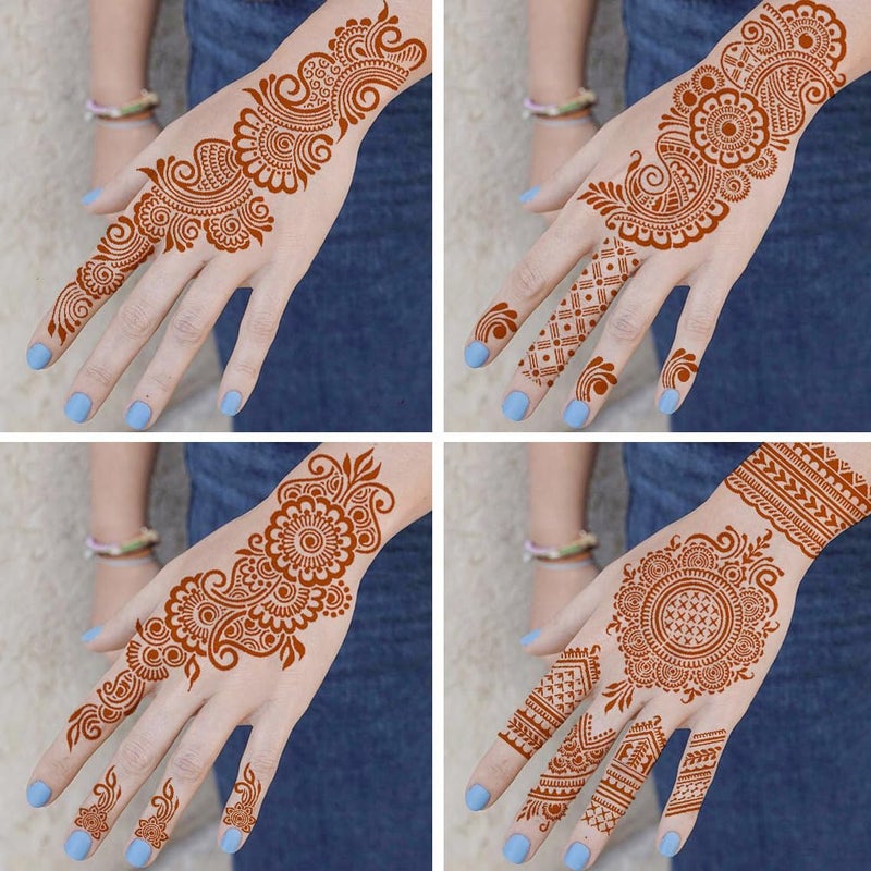 QSTOHENA Reusable Henna Tattoo Stencils Kit, Mehendi Stencils for Hands Forearm Glitter Airbrush DIY Tattooing Template,9 Sheet Indian Temporary Tattoo Stickers for Women Girlsï¼ˆ8.2" x 4.7"ï¼‰ - Image 2