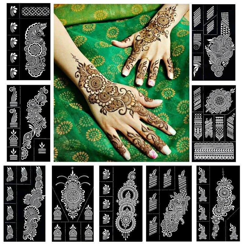QSTOHENA Reusable Henna Tattoo Stencils Kit, Mehendi Stencils for Hands Forearm Glitter Airbrush DIY Tattooing Template,9 Sheet Indian Temporary Tattoo Stickers for Women Girlsï¼ˆ8.2" x 4.7"ï¼‰ - Image 1