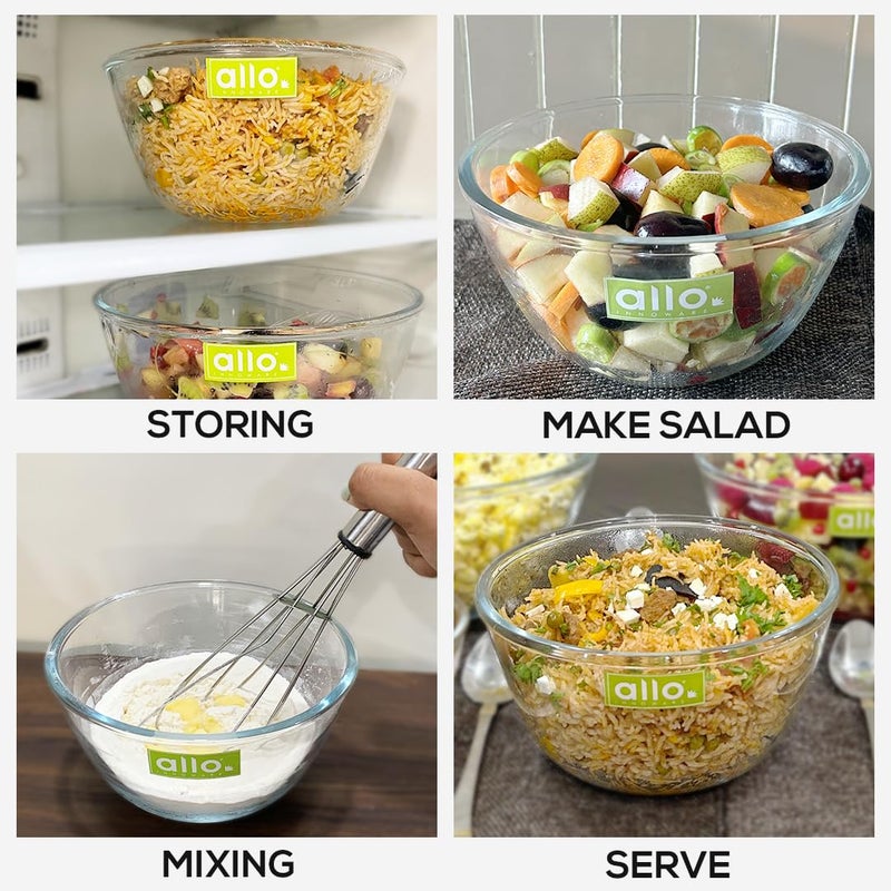 Allo Allo Food Safe Borosilicate Glass Mixing & Serving Bowls for Kitchen, Oven & Microwave Safe Bowls, Dishwasher and Freezer Safe Bowls, Set of 3 500ML, 1000ML, 1600ML, Transparent  - Image 3