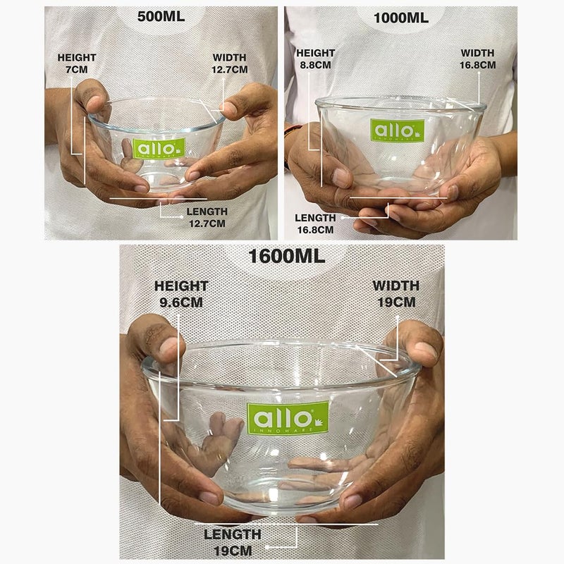 Allo Allo Food Safe Borosilicate Glass Mixing & Serving Bowls for Kitchen, Oven & Microwave Safe Bowls, Dishwasher and Freezer Safe Bowls, Set of 3 500ML, 1000ML, 1600ML, Transparent  - Image 5