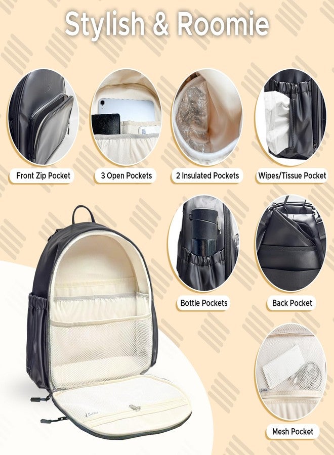 BatlFrist Small Diaper Backpack with 180° Opening, Small Diaper Backpack Bag with 23"*14"Changing Pad, 2*Insulated Pockets, Stroller Straps, for Excursions Short Quickly Day Out Artificial Leather - Image 2