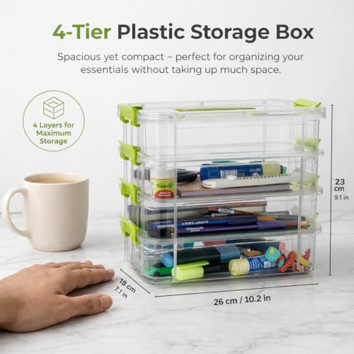 GROFFY plastic boxes for Storage transparent, Space Saving Organiser with Lid Portable & Stackable for Jewelry, Beads, Crochet, Sewing, Scrapbooking DIY Craft (Green, 4 tier) - Image 2