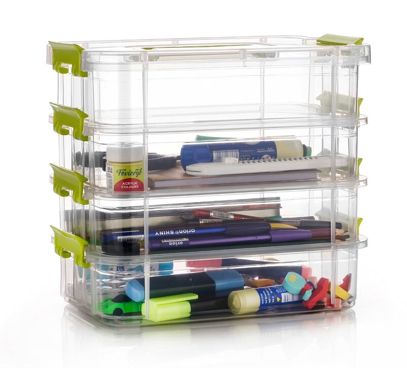 GROFFY plastic boxes for Storage transparent, Space Saving Organiser with Lid Portable & Stackable for Jewelry, Beads, Crochet, Sewing, Scrapbooking DIY Craft (Green, 4 tier) - Image 1