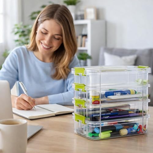 GROFFY plastic boxes for Storage transparent, Space Saving Organiser with Lid Portable & Stackable for Jewelry, Beads, Crochet, Sewing, Scrapbooking DIY Craft (Green, 4 tier) - Image 4