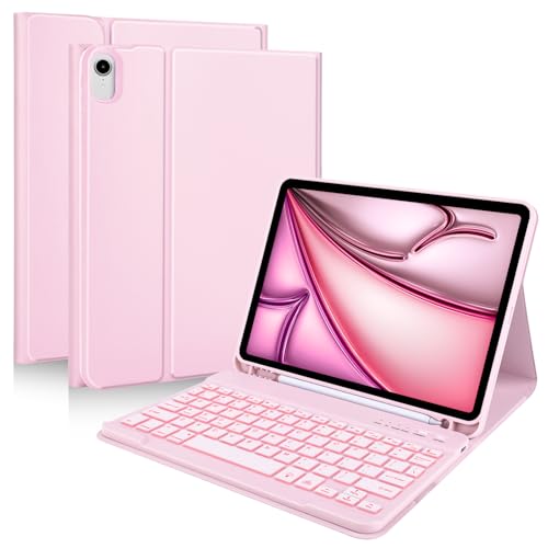 MMK for iPad Air 11 inch Case with Keyboard (M3 2025 / M2 2024) & iPad Pro 11 Inch case (1st Gen 2018), with 7 Colors Backlit Bluetooth Keyboard Cover with Pencil Holder for iPad Air 4th/5th Gen-Pink - Image 1