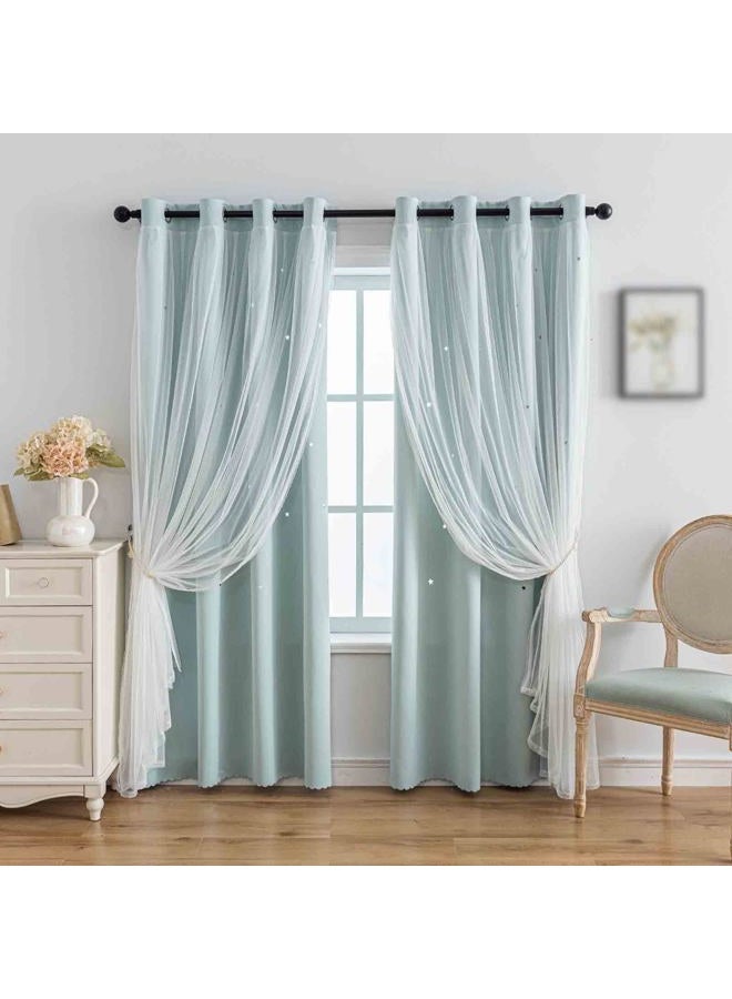 ANYTIME Romantic Kids Curtain,Hollow-Out Stars Window Curtain Double Layer Blackout Curtains for Girls Bedroom Kids Room 2Panel,(W52 x L63,Light Blue) - Image 1