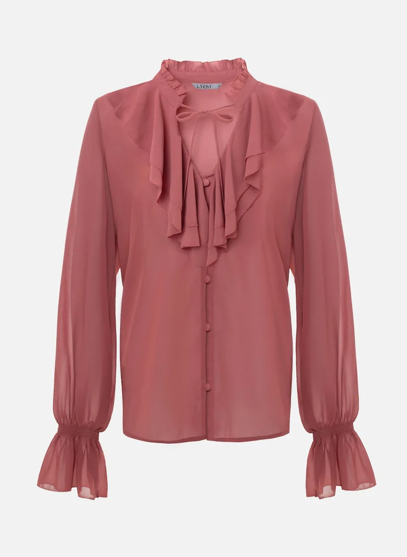 ليتشي بلوزة خفيفة مع انتفاخات وربطات عنق عند الياقة