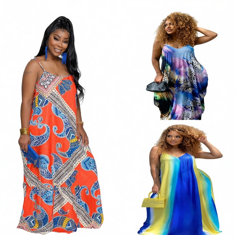 Plus Size Deep V Sleeveless Maxi Dress Printed Summer