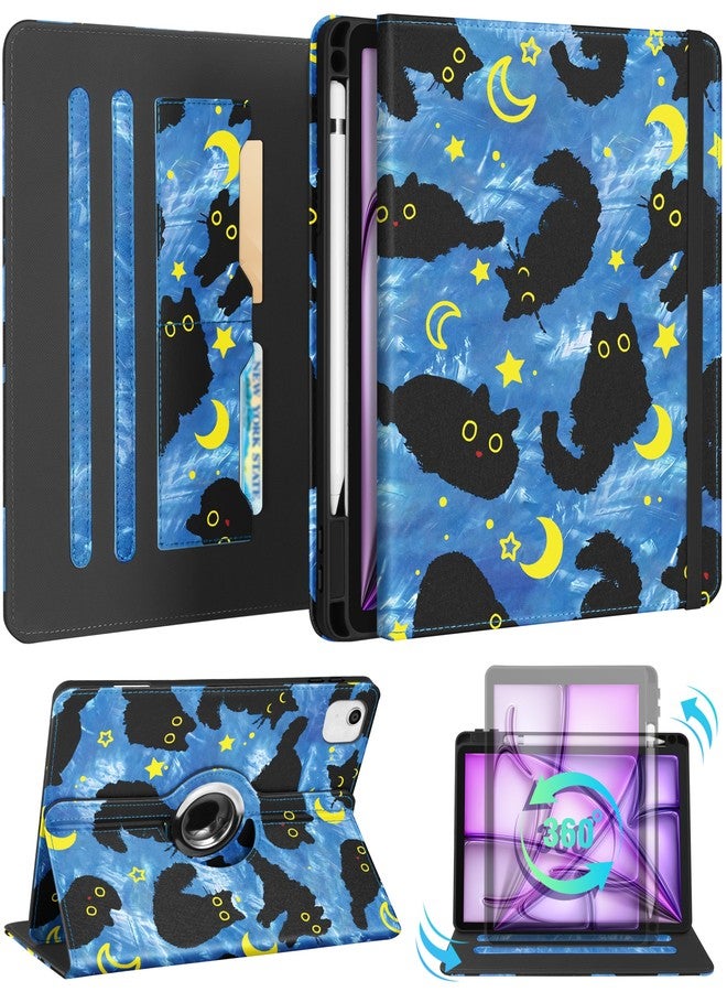 Kidcube for iPad Air 13 Inch Case (M3/M2)/for iPad Pro 12.9 Cases 6th/5th (2022/2021) - Women Girls Cute Rotating Stand Folio Cover with Pencil Holder & Card Slot Design Girly Cat Stars Blue Cover - Image 1
