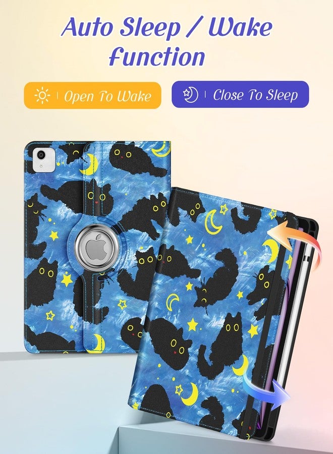Kidcube for iPad Air 13 Inch Case (M3/M2)/for iPad Pro 12.9 Cases 6th/5th (2022/2021) - Women Girls Cute Rotating Stand Folio Cover with Pencil Holder & Card Slot Design Girly Cat Stars Blue Cover - Image 4