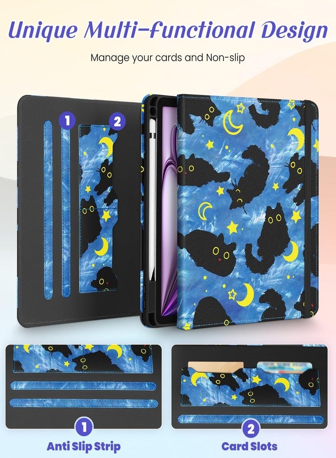 Kidcube for iPad Air 13 Inch Case (M3/M2)/for iPad Pro 12.9 Cases 6th/5th (2022/2021) - Women Girls Cute Rotating Stand Folio Cover with Pencil Holder & Card Slot Design Girly Cat Stars Blue Cover - Image 3