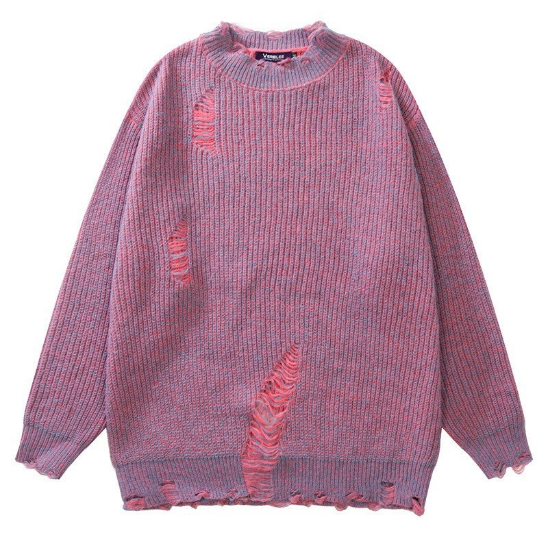 Design Sense Ripped Sweater Mens and Womens Spring and Autumn New Fashion Brand Hip-hop Loose All-match Couples Knitted Sweater Sweater Purple red [high quality deer plush] 