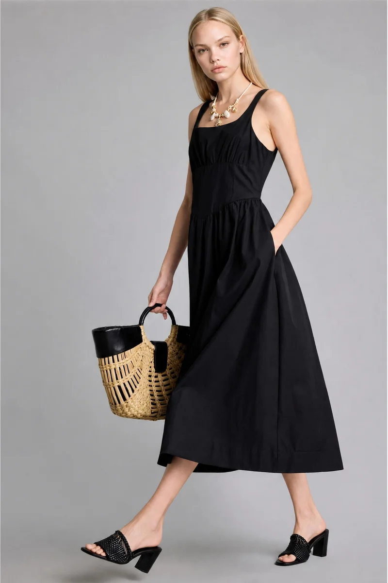 Defacto Square Collar Poplin Midi Dress