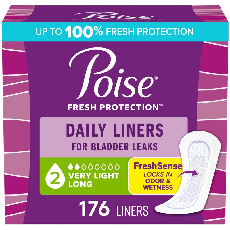 Poise Daily Liners Incontinence Panty Liners 2 Drop Very Light Absorbency Long Length 176 Count of Pantiliners 4 Packs of 44 Packaging May Vary