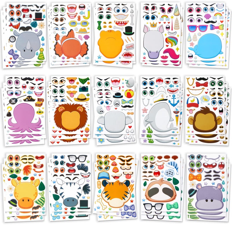 JOYIN 90 PCS 9.8â€x6.7 Make-a-face Sticker Sheets Make Your Own Animal Mix and Match Sticker Sheets with Safaris, Sea and Fantasy Animals Kids Party Favor Supplies Craft - Image 1
