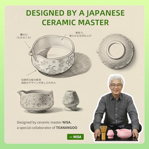 TEANAGOO 7PCS Pink Matcha Whisk Set with Cherry Blossom Design Complete Ceremony Kit Ceramic Chawan Bowl with Spout Whisk Accessories Traditional Matcha Tea Set for Lattes Gift Giving - Image 3