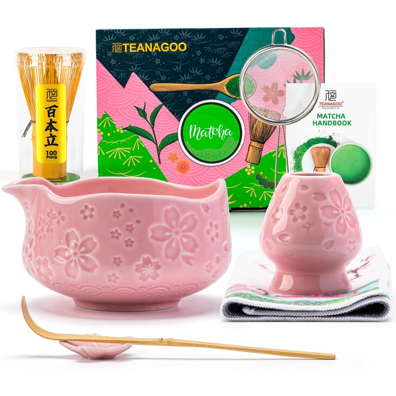 TEANAGOO 7PCS Pink Matcha Whisk Set with Cherry Blossom Design Complete Ceremony Kit Ceramic Chawan Bowl with Spout Whisk Accessories Traditional Matcha Tea Set for Lattes Gift Giving - Image 2