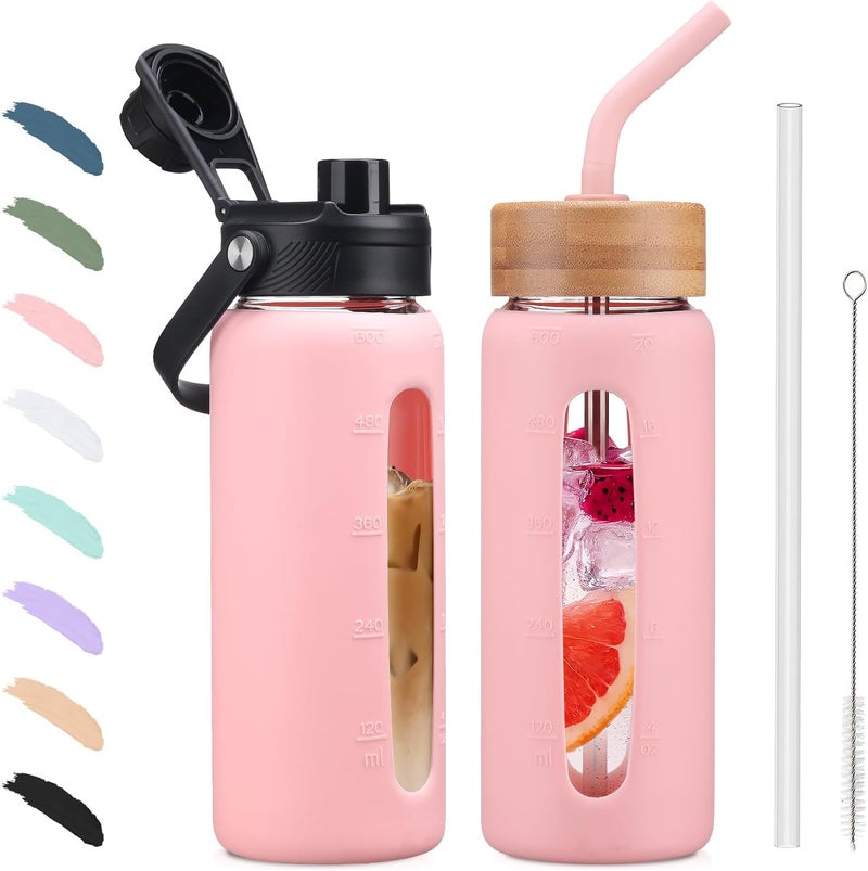 BLUEGO 600ml Glass Water Bottle with Straw and 2 Lids, Glass Coffee Cup with Silicone Case, BPA Free, Pink - Image 1