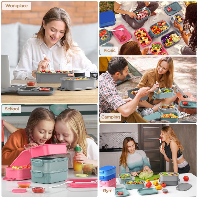 DaCool Adults Lunchbox Bento Box - 74 OZ All-in-One Stackable Lunch Box for Adults Men Women Teens Leakproof Bento Large Lunch Box Containers with Fork Spoon Sauce Box for Dining Out Work School,Grey - Image 4