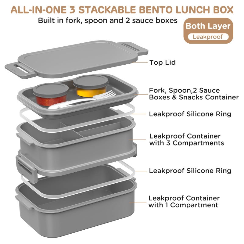 DaCool Adults Lunchbox Bento Box - 74 OZ All-in-One Stackable Lunch Box for Adults Men Women Teens Leakproof Bento Large Lunch Box Containers with Fork Spoon Sauce Box for Dining Out Work School,Grey - Image 2
