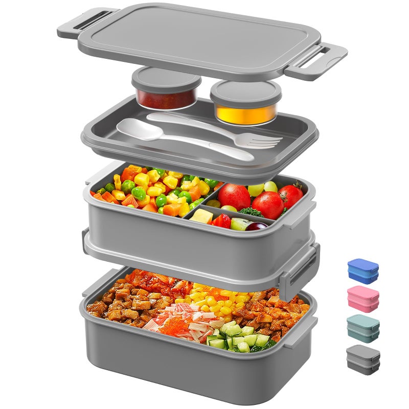 DaCool Adults Lunchbox Bento Box - 74 OZ All-in-One Stackable Lunch Box for Adults Men Women Teens Leakproof Bento Large Lunch Box Containers with Fork Spoon Sauce Box for Dining Out Work School,Grey - Image 1