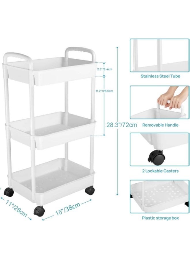 GGEROU 3-Tier Rolling Utility Cart with Wheels, Detachable Utility Storage Cart with Handle and Lockable Casters, Multi-Functional Storage Trolley for Office, Kitchen,Bathroom, White - Image 4