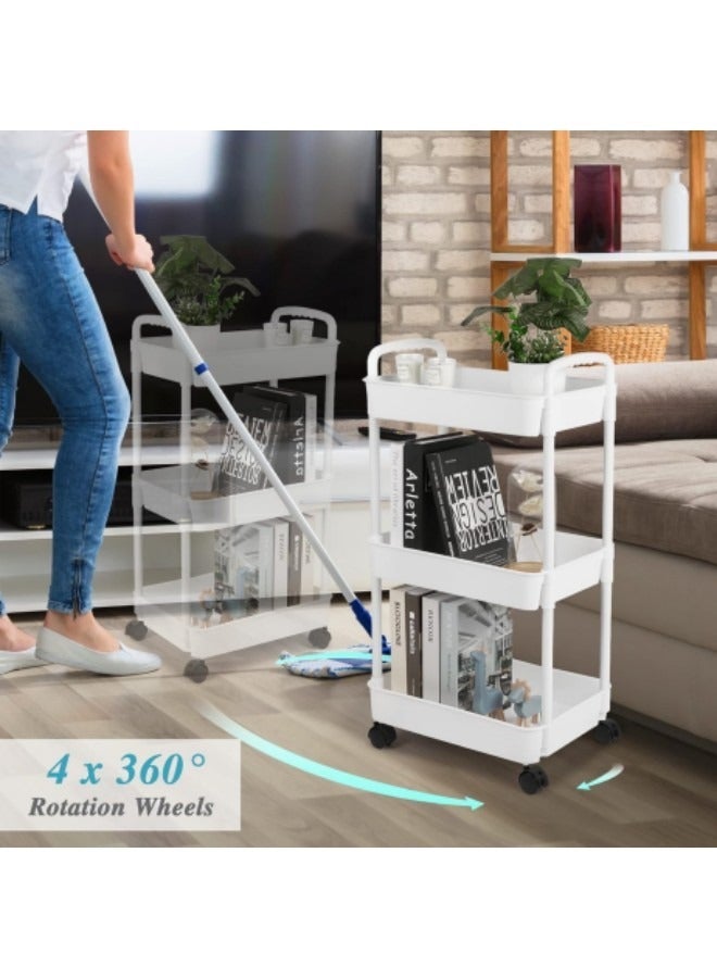GGEROU 3-Tier Rolling Utility Cart with Wheels, Detachable Utility Storage Cart with Handle and Lockable Casters, Multi-Functional Storage Trolley for Office, Kitchen,Bathroom, White - Image 2