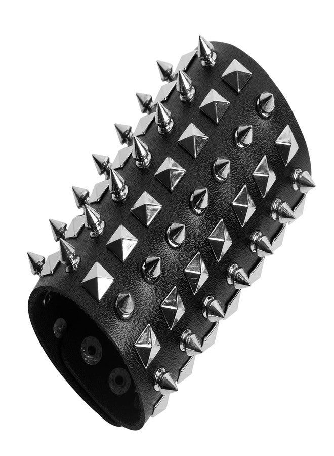 STWTR Unisex Black Metal Spike Studded Punk Rock Biker Wide Strap Leather Bracelet - Image 2