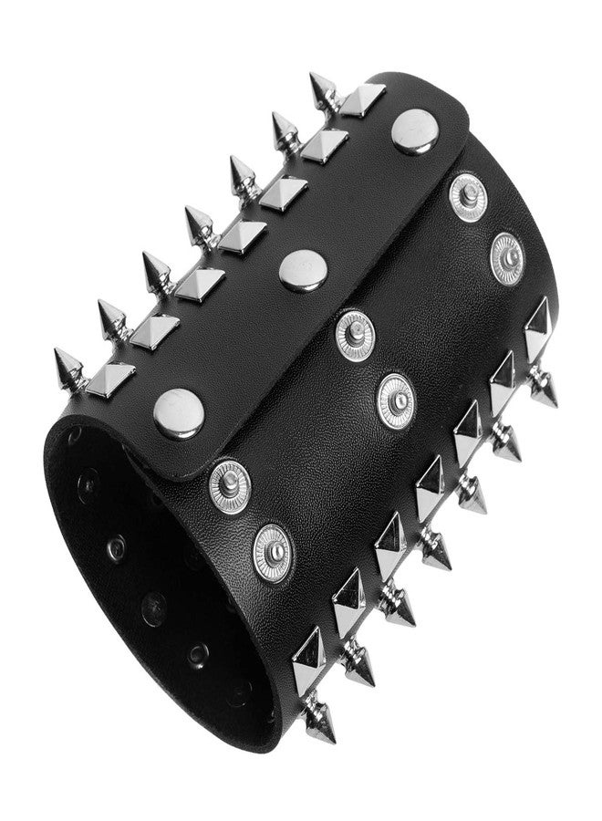 STWTR Unisex Black Metal Spike Studded Punk Rock Biker Wide Strap Leather Bracelet - Image 4