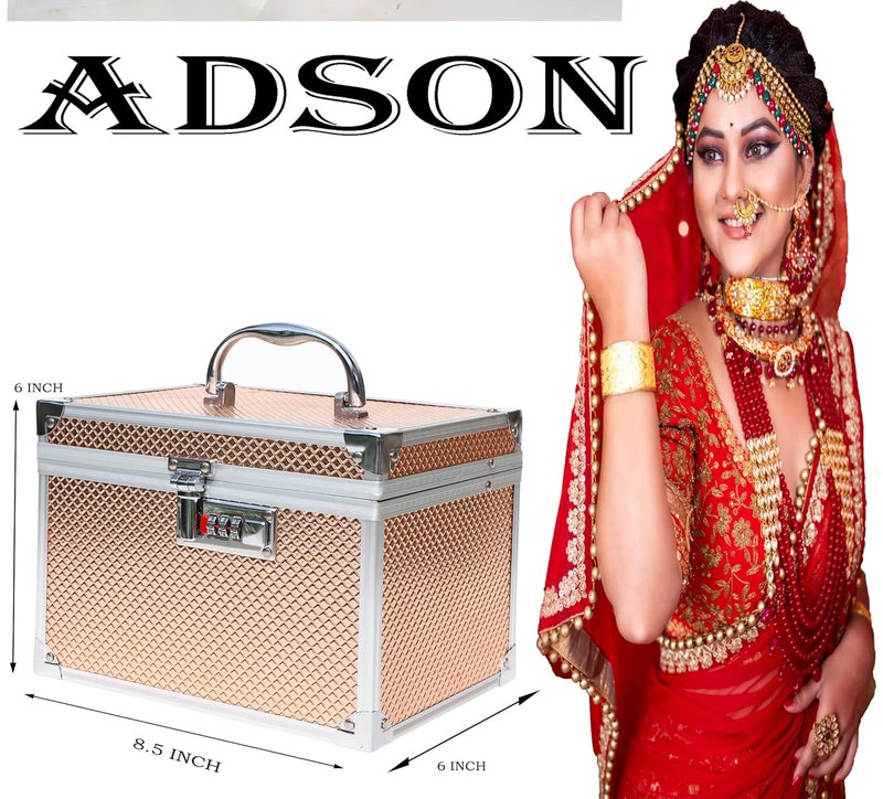 Adson Professional Beauty Women's Makeup Bag, Cosmetic Box, Vanity Case/Box, Trousseau Box, Bridal Jewellery Organiser with Mirror (Rose Gold) - Image 4