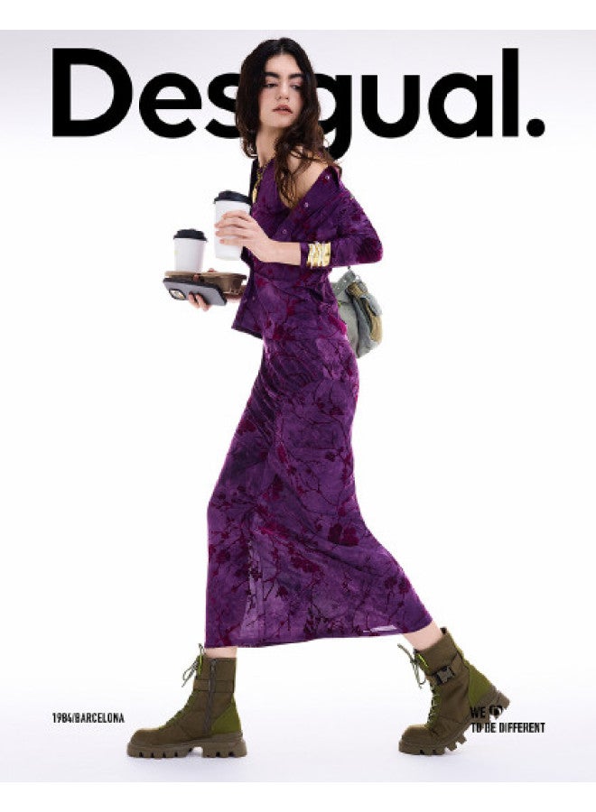 DESIGUAL Autumn/Winter 2025 New Collection Retro Flocking Print Stretch Slim-Fit Sleeveless Dress - Image 1