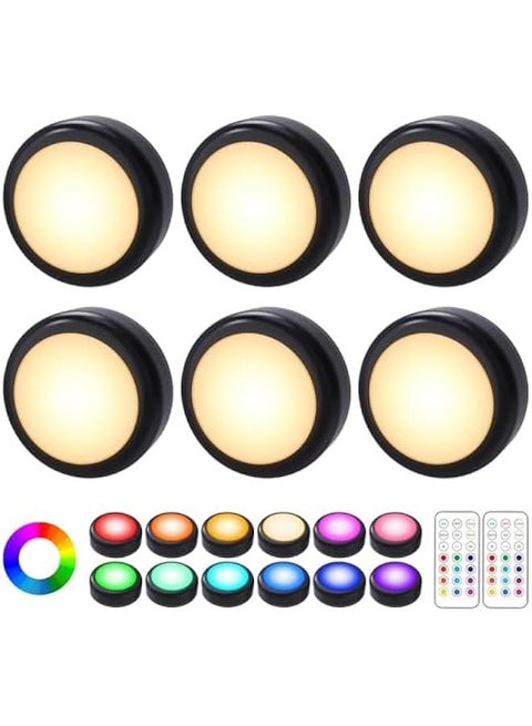 Puck Lights, 6 Pack 13 Colors Changeable LED Puck lightings Battery Powered Dimmable Under Cabinet Lights, Battery Powered Under Counter Lights with 2 Wireless Remote Controls, Black