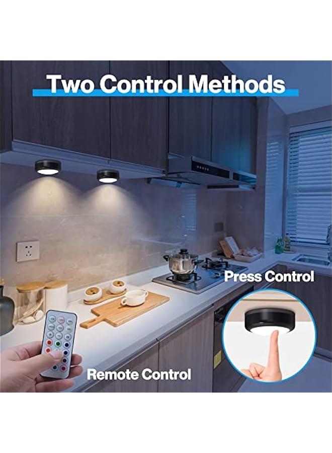 هوكور مصابيح قرصية من تراسل، 6 عبوات من 13 لون قابل للتغيير، مصابيح LED قابلة للتعتيم تعمل بالبطارية تحت الخزانة، مصابيح تحت الطاولة تعمل بالبطارية مع جهازي تحكم لاسلكي عن بعد، اسود، بولي كربونات - Image 3