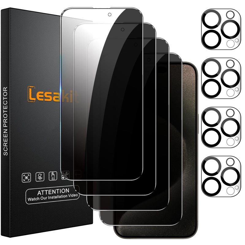 Lesakit 4+4 Pack Privacy Screen Protector for iPhone 15 Pro Max 6.7-Inch with 4 Pack Camera Lens Protector, Anti Spy Tempered Glass Film 9H Hardness Case Friendly - Image 1