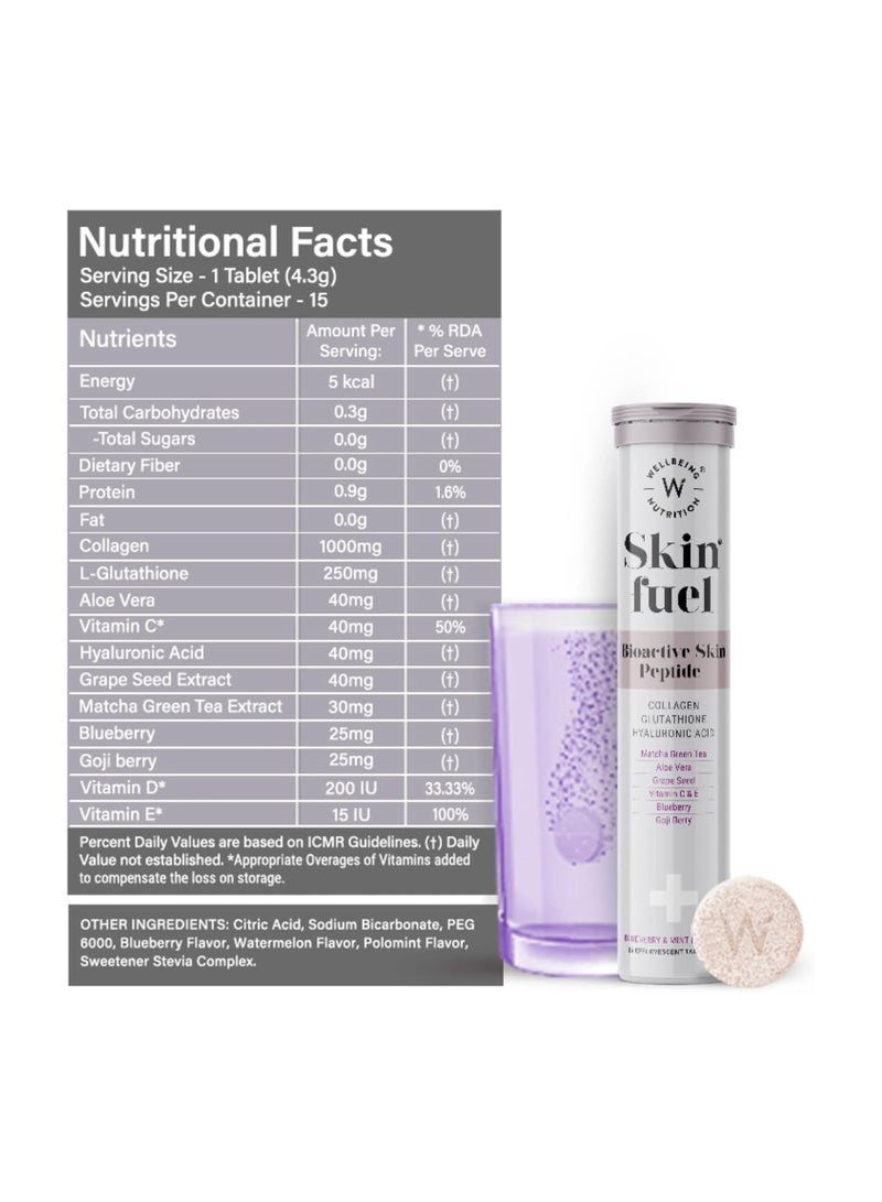 WELLBEING NUTRITION Skin Fuel | Glutathione & Collagen Tablets | Skin Glow and Radiance for Men & Women | Hyaluronic Acid, Grape Seed, Vitamin E (15 Effervescent Tablets) Pack of 4 - Image 5