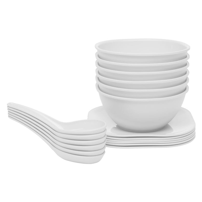 Gluman Polycarbonate Round Shape 18 Pcs Soup Bowl Set 6 Bowl And 6 Spoon6 Dish Microwave Safe For Home And Office Use White 400 ML - Image 3