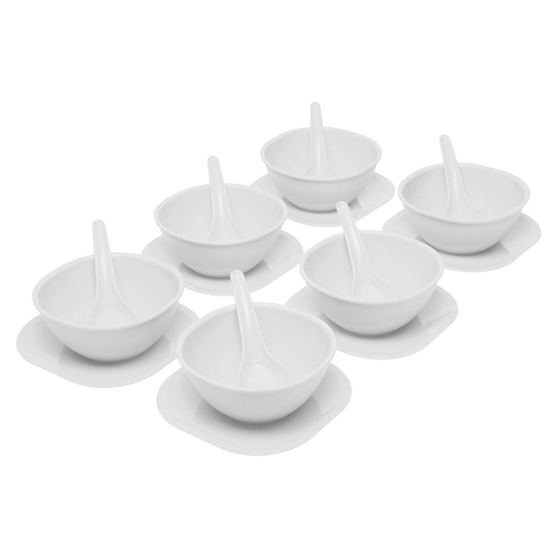 Gluman Polycarbonate Round Shape 18 Pcs Soup Bowl Set 6 Bowl And 6 Spoon6 Dish Microwave Safe For Home And Office Use White 400 ML - Image 1