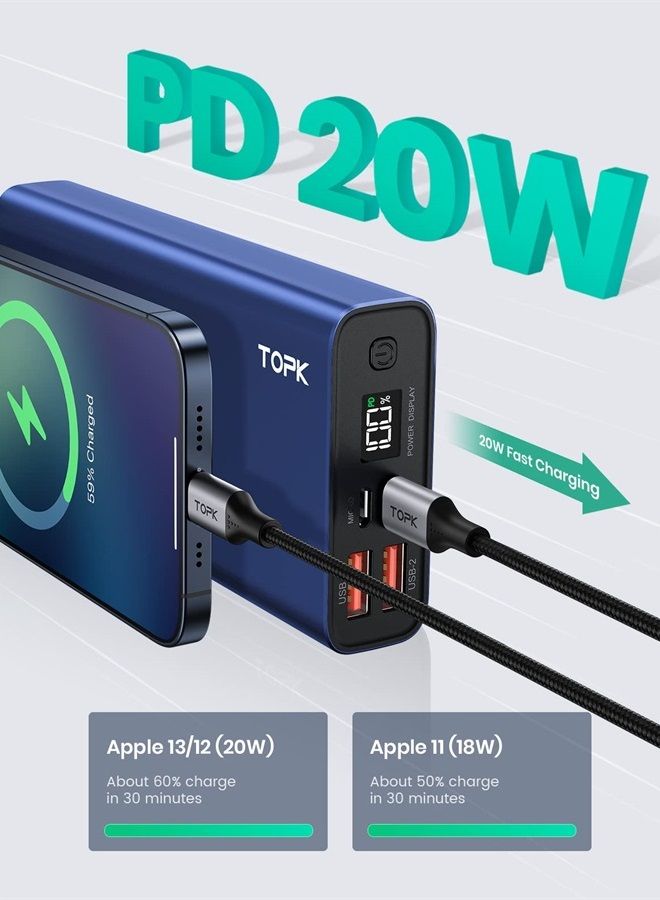 TOPK شاحن محمول 20000 مللي أمبير، بنك طاقة USB C 20 واط شحن سريع شاشة LED بطارية خارجية متوافقة مع آيفون 13 12 11 Xs سامسونج جوجل آيباد وغيرها. [إصدار 2022] - Image 1
