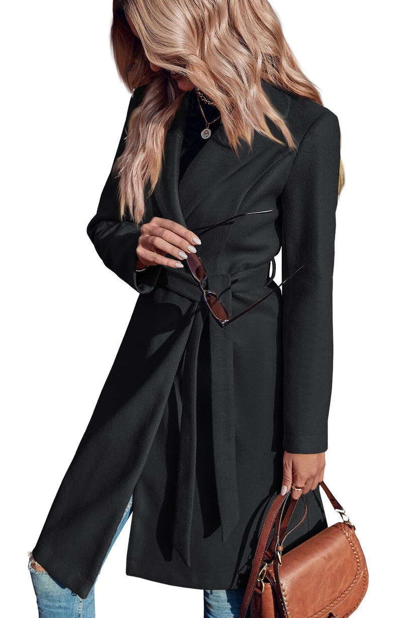 Fazortev Womens Pea Trench Coats Notched Lapel Double Breasted Belted Business Casual Jackets Outerwear - Image 3